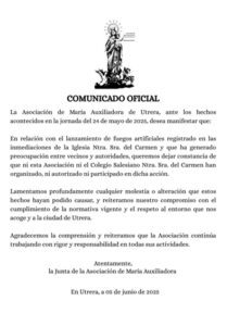 La Asociación de María Auxiliadora aclara que no organizó los fuegos artificiales del 24 de mayo