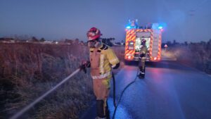 Los bomberos actúan en una oleada de incendios provocados en el camino asfaltado entre Utrera y Los Molares
