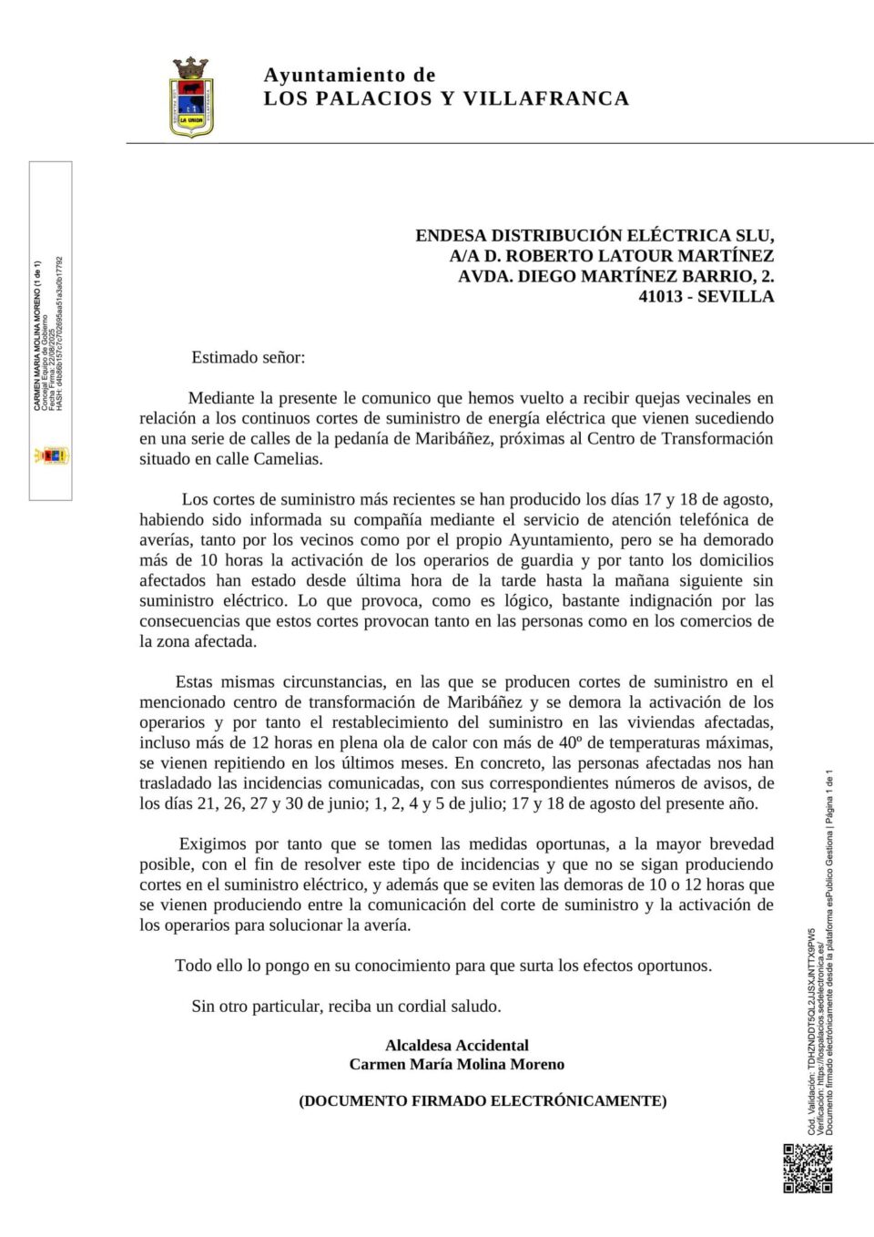 Los Palacios exige a Endesa que solucione los cortes en una serie de calles de Maribáñez