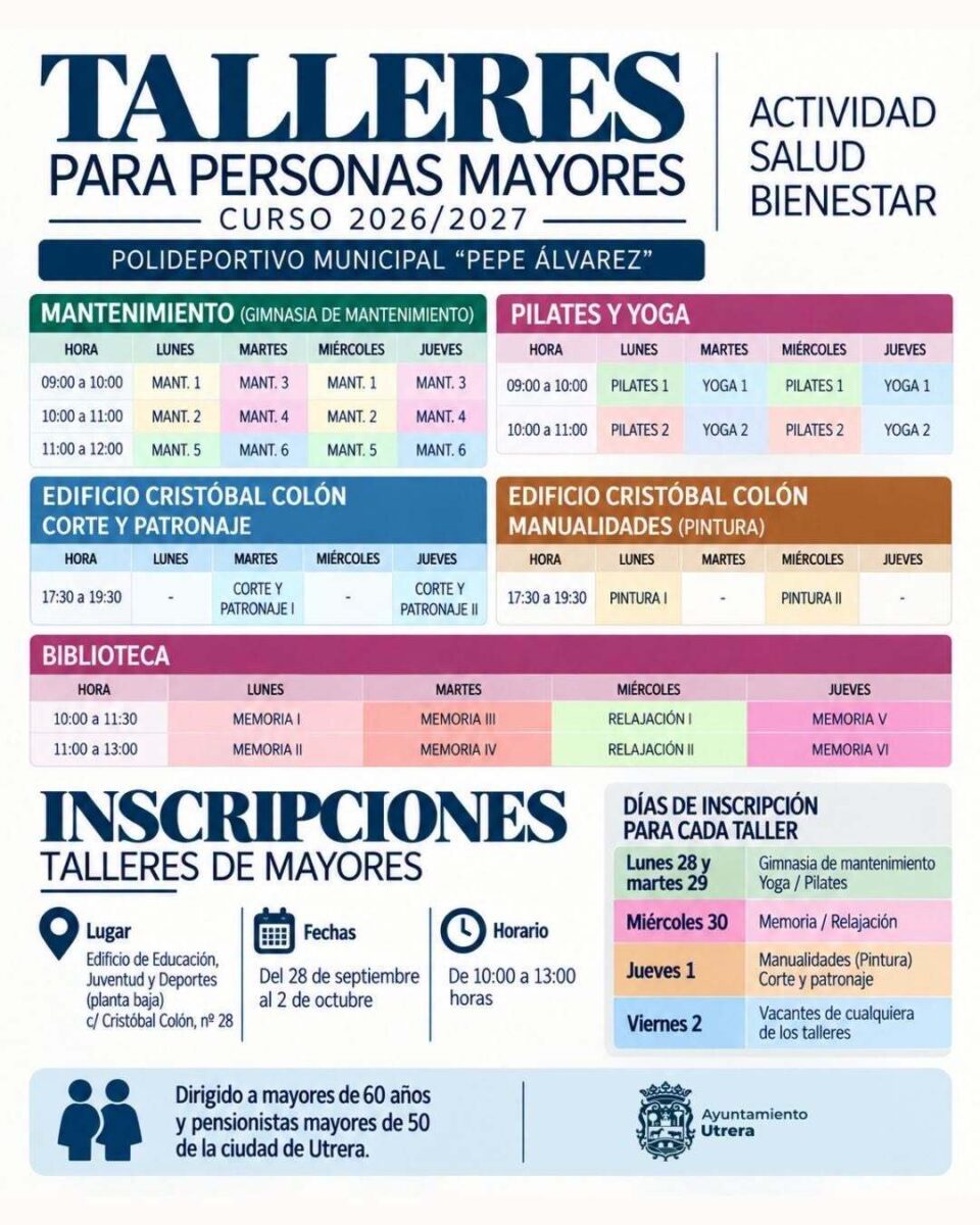 El plazo de inscripción para los talleres dirigidos a personas mayores abrirá el próximo 28 de septiembre
